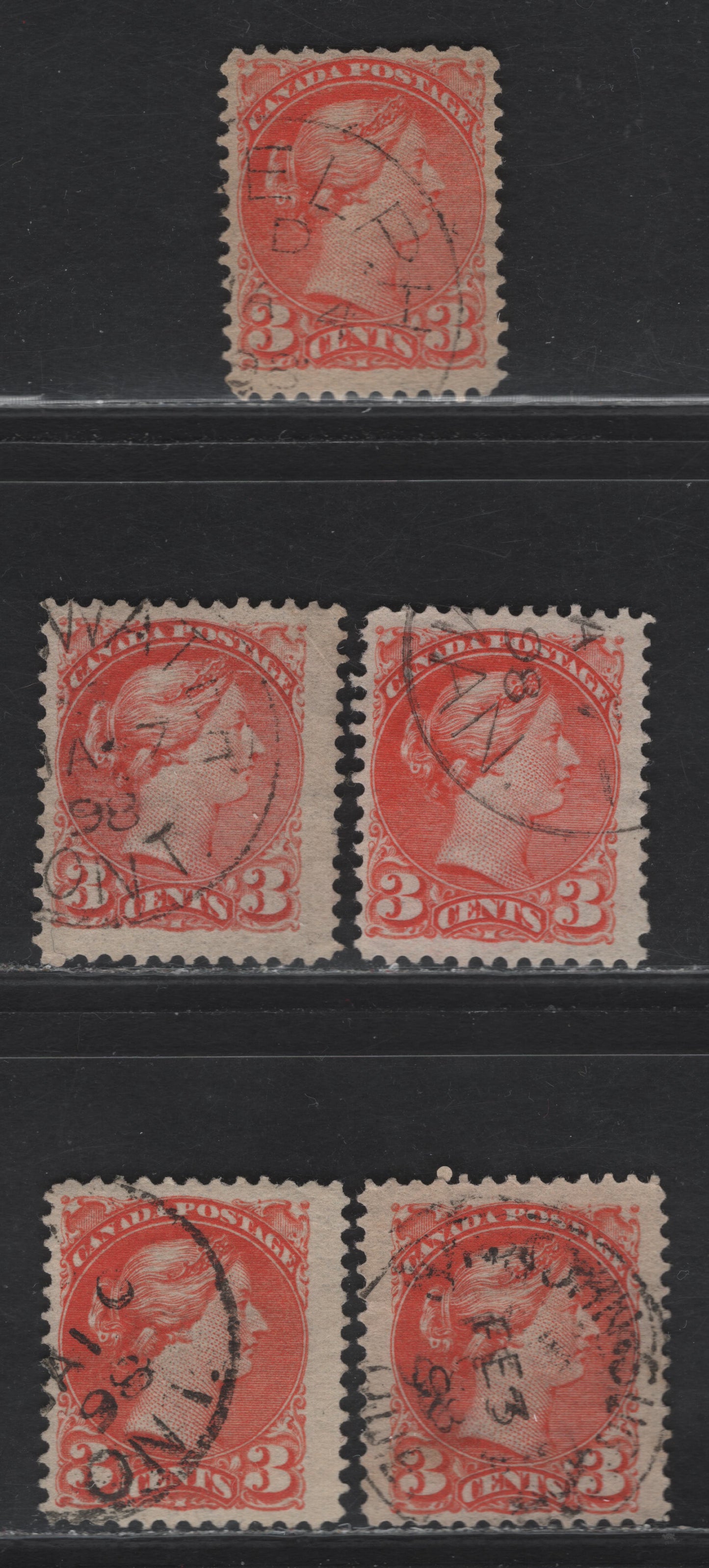 Lot 104 (C) Canada #41 3c Vermillion - Orange Vermillion Queen Victoria, 1888-1897 Small Queen Issue, 5 Fine Used Singles, Late 2nd Ottawa Printings, Different Shades, Various Translucent Horizontal Wove Papers, Perfs Not Checked, But Assume To Be 12.