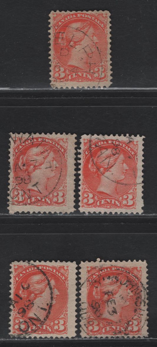 Lot 104 (C) Canada #41 3c Vermillion - Orange Vermillion Queen Victoria, 1888-1897 Small Queen Issue, 5 Fine Used Singles, Late 2nd Ottawa Printings, Different Shades, Various Translucent Horizontal Wove Papers, Perfs Not Checked, But Assume To Be 12.