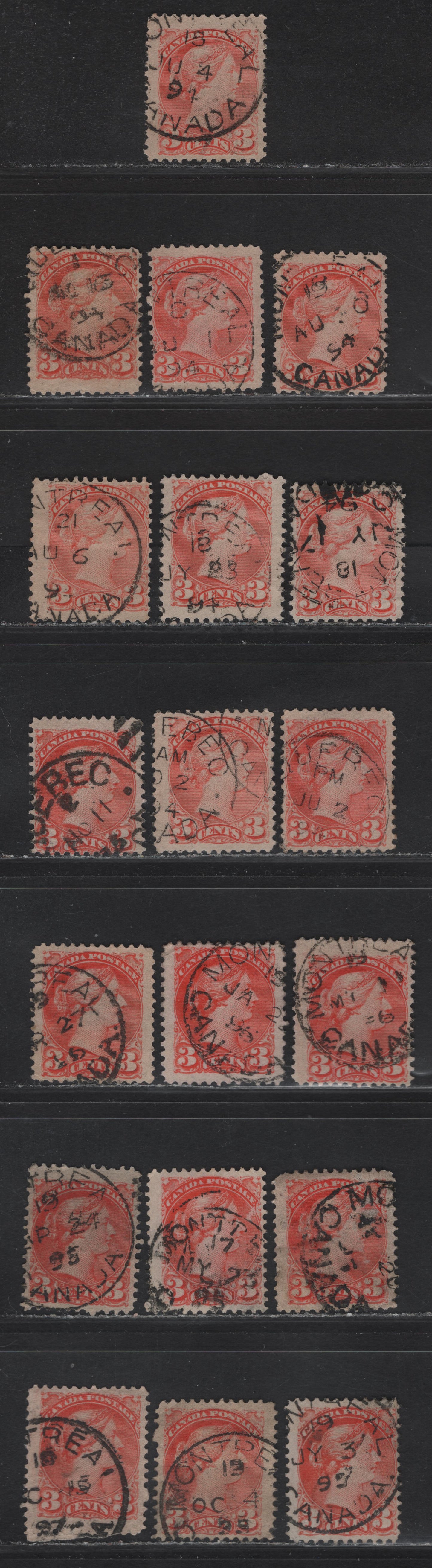 Lot 108 (C) Canada #41 3c Vermillion & Orange Vermillion Queen Victoria, 1888-1897 Small Queen Issue, 19 Fine Used Singles, Montreal & Quebec CDS Cancels From 1894-1896 Dates, Various Shades, Papers & Perfs