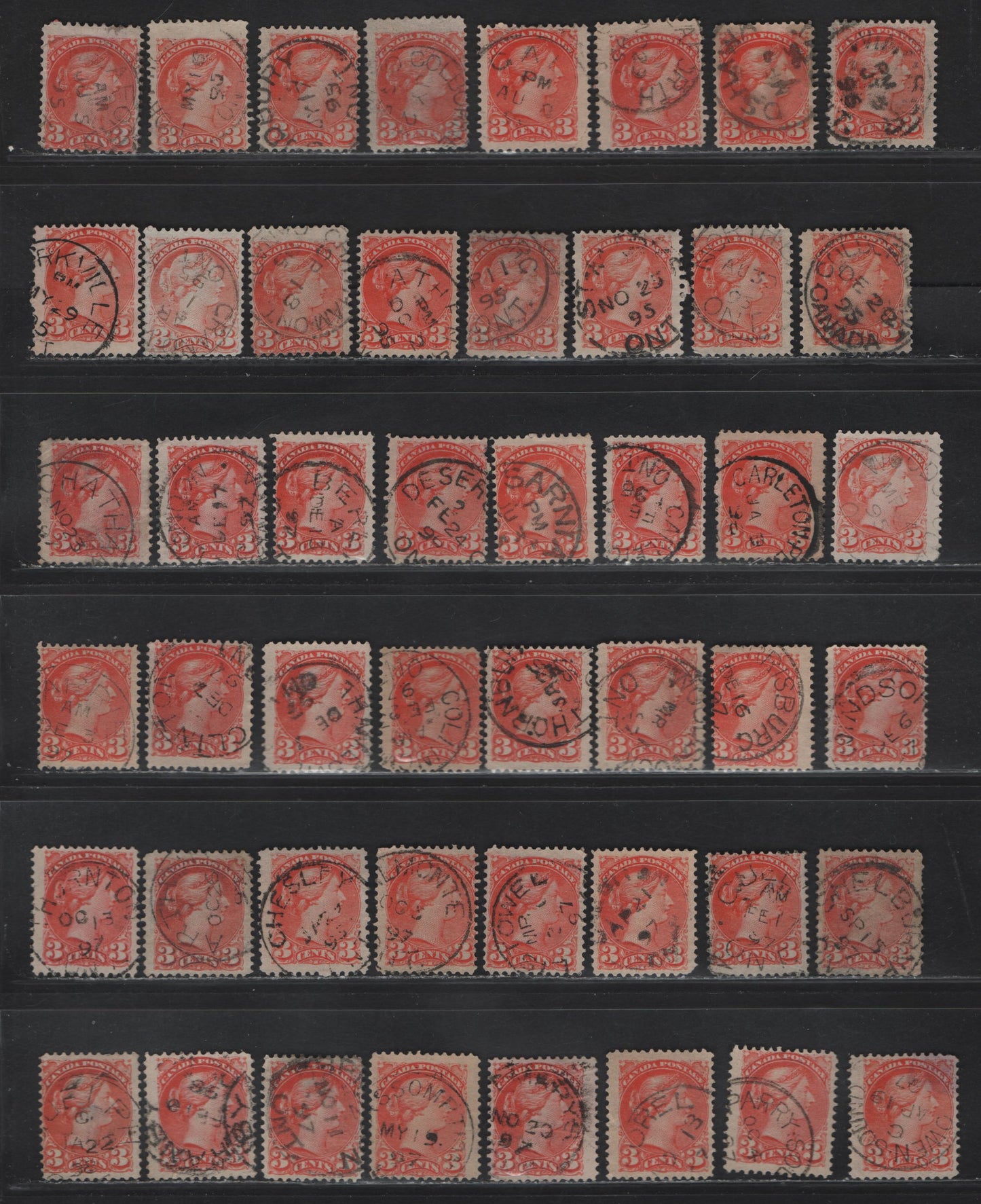 Lot 110 (C) Canada #41 3c Vermillion Queen Victoria, 1888-1897 Small Queen Issue, 66 Very Good/Fine Used Singles, Ontario CDS Town Cancels (Other Than Toronto & Ottawa), Different Cancels, Very Little Duplication, Variety Of Shades, Papers & Perfs.