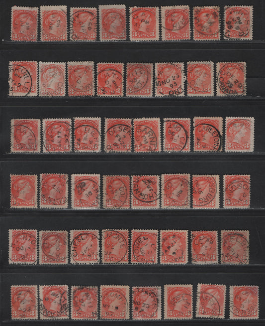Lot 110 (C) Canada #41 3c Vermillion Queen Victoria, 1888-1897 Small Queen Issue, 66 Very Good/Fine Used Singles, Ontario CDS Town Cancels (Other Than Toronto & Ottawa), Different Cancels, Very Little Duplication, Variety Of Shades, Papers & Perfs.