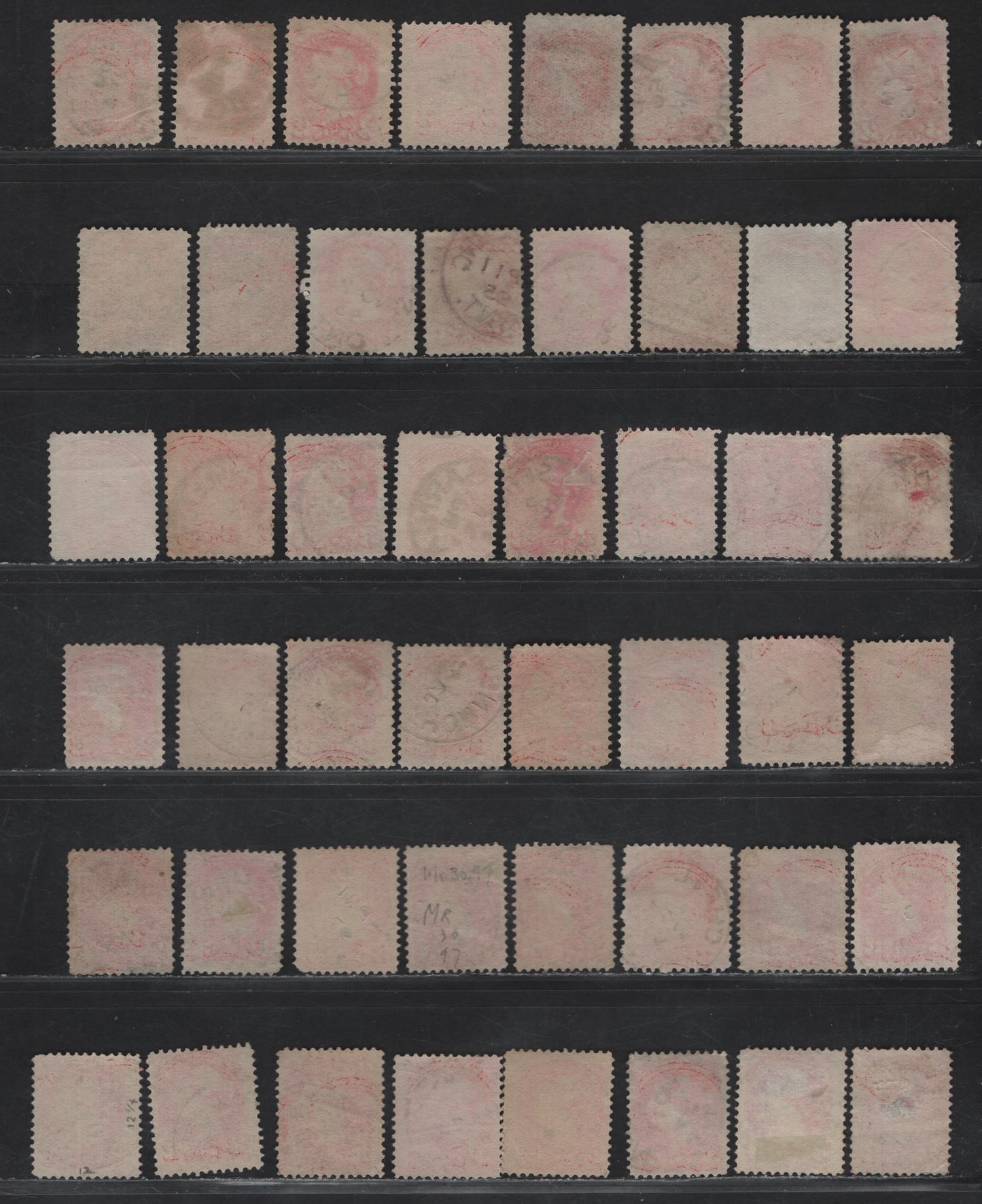 Lot 110 (C) Canada #41 3c Vermillion Queen Victoria, 1888-1897 Small Queen Issue, 66 Very Good/Fine Used Singles, Ontario CDS Town Cancels (Other Than Toronto & Ottawa), Different Cancels, Very Little Duplication, Variety Of Shades, Papers & Perfs.
