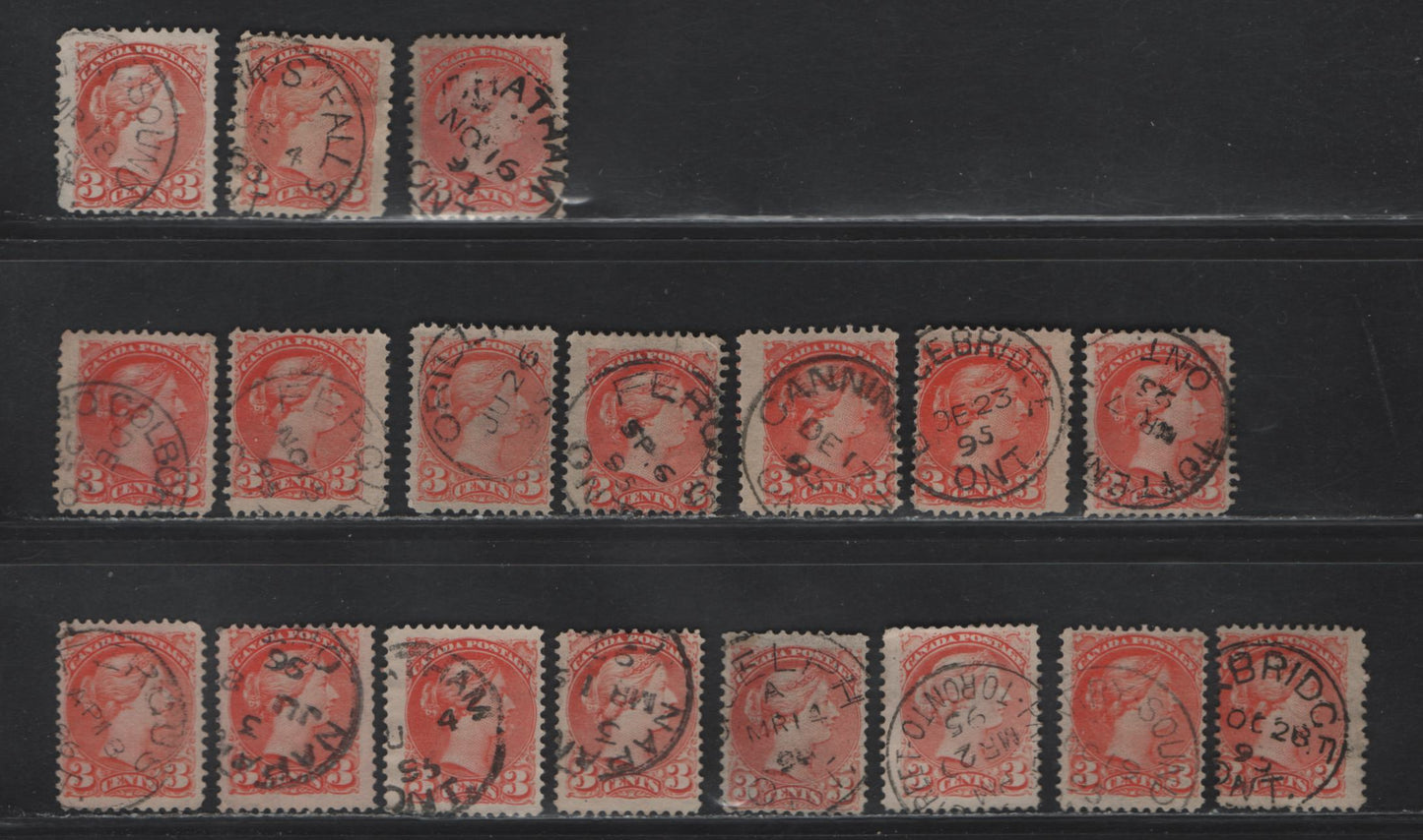 Lot 110 (C) Canada #41 3c Vermillion Queen Victoria, 1888-1897 Small Queen Issue, 66 Very Good/Fine Used Singles, Ontario CDS Town Cancels (Other Than Toronto & Ottawa), Different Cancels, Very Little Duplication, Variety Of Shades, Papers & Perfs.