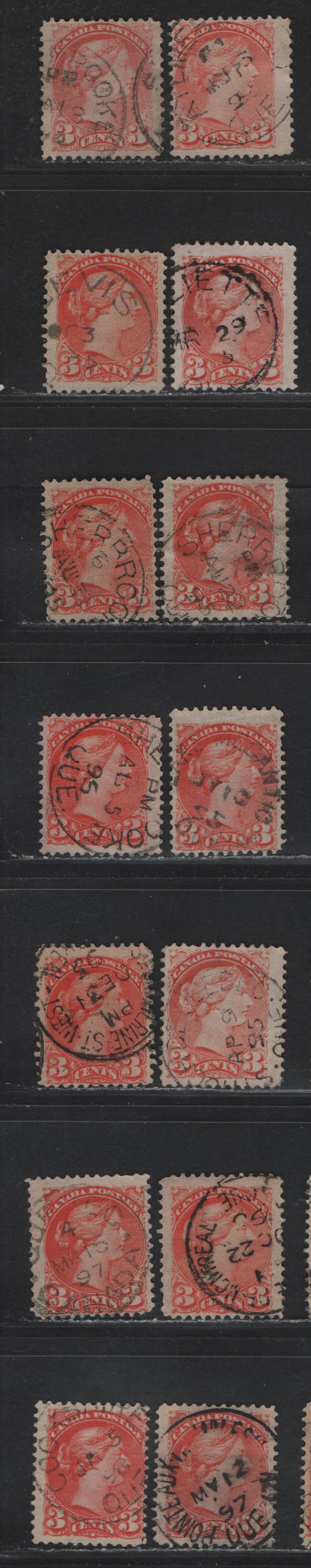 Lot 111 (C) Canada #41 3c Vermillion & Orange Vermillion Queen Victoria, 1888-1897 Small Queen Issue, 14 Fine Used Singles, Quebec Town Cancels Other Than Montreal Or Quebec, A Variety Of Shades, Papers & Perfs
