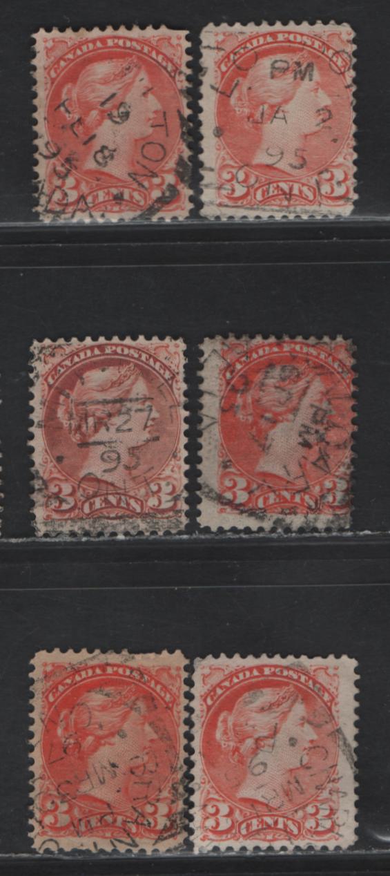 Lot 112 (C) Canada #41 3c Vermillion & Orange Vermillion Queen Victoria, 1888-1897 Small Queen Issue, 6 Very Good/Fine Used Singles, Squared Circle Cancels, Different Shades & Paper Types