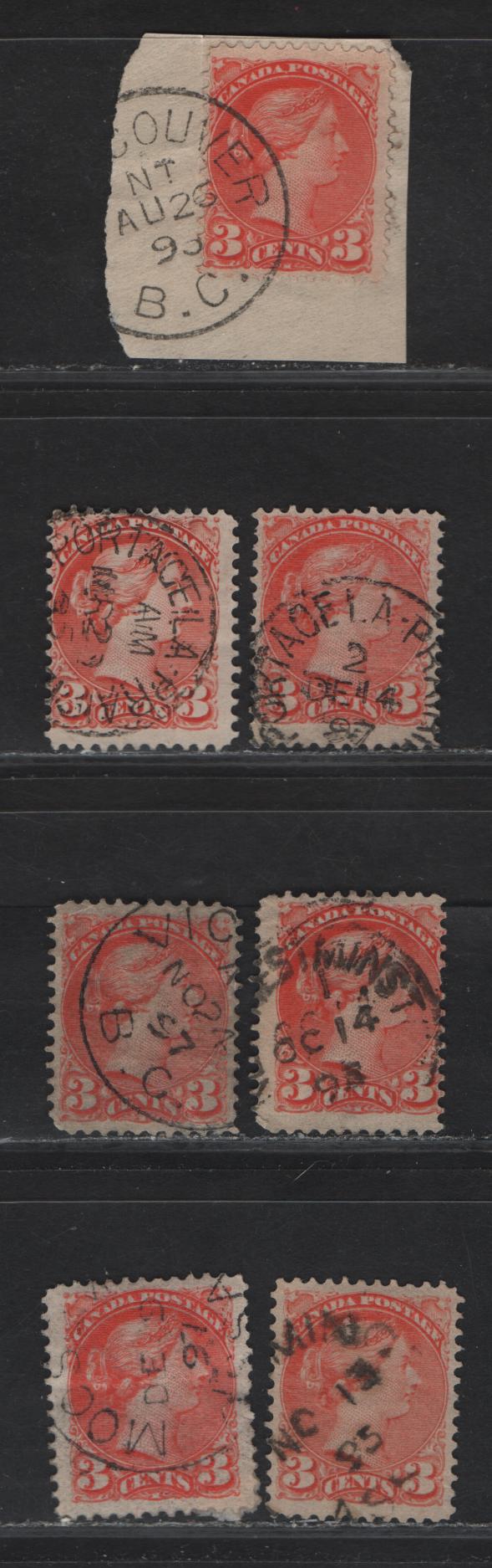Lot 114 (C) Canada #41 3c Vermillion & Orange Vermillion Queen Victoria, 1888-1897 Small Queen Issue, 7 Very Good/Fine Used Singles, All Different Cancels, Different Papers, Perfs & Shades