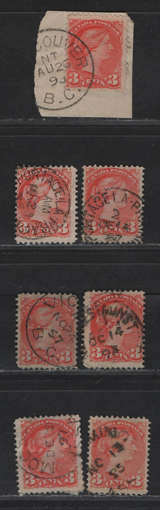 Lot 114 (C) Canada #41 3c Vermillion & Orange Vermillion Queen Victoria, 1888-1897 Small Queen Issue, 7 Very Good/Fine Used Singles, All Different Cancels, Different Papers, Perfs & Shades