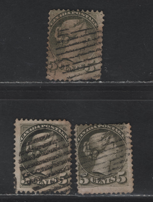 Lot 116 (C) Canada #38 5c Slate Green, Deep Slate Green & Deep Gray Queen Victoria, 1870-1893 Small Queen Issue, 3 Very Good Used Singles, Mid Montreal Printings, Different Papers, Generally Perf 12 & Unlisted 12.1x11.75 (Not Counted).