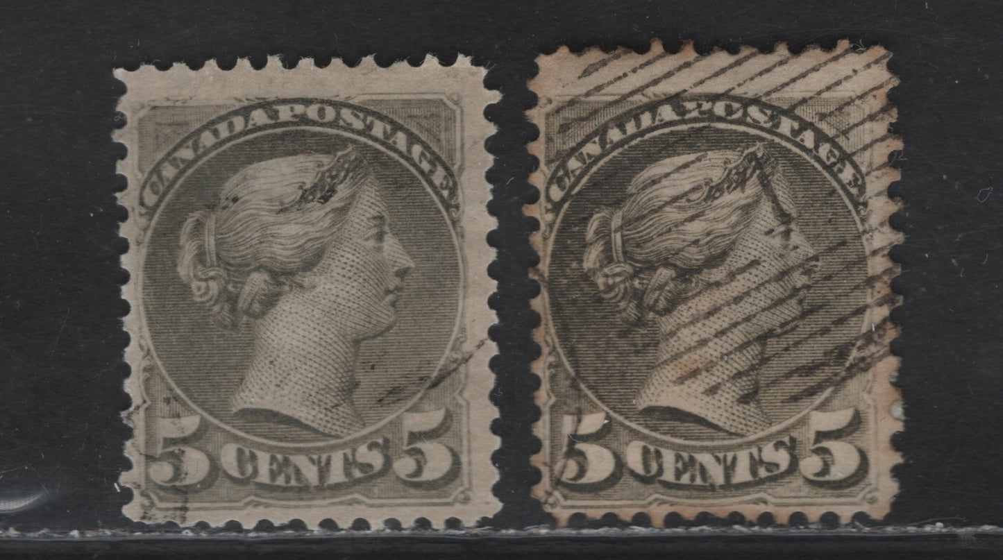 Lot 117 (C) Canada #38 5c Pale Slate Green Queen Victoria, 1870-1893 Small Queen Issue, 2 Fine Used Singles, Mid to Late Montreal Printings, Papers MM-U (Perf 12x12.1, Pale Shade) & MM-D (Perf 12)