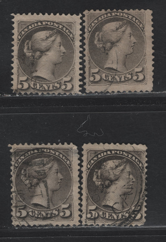 Lot 119 (C) Canada #42 5c Gray & Deep Violet Gray Queen Victoria, 1870-1893 Small Queen Issue, 4 Very Good/Fine Used Singles, Mid to Late 2nd Ottawa Printings, Different Translucent Papers