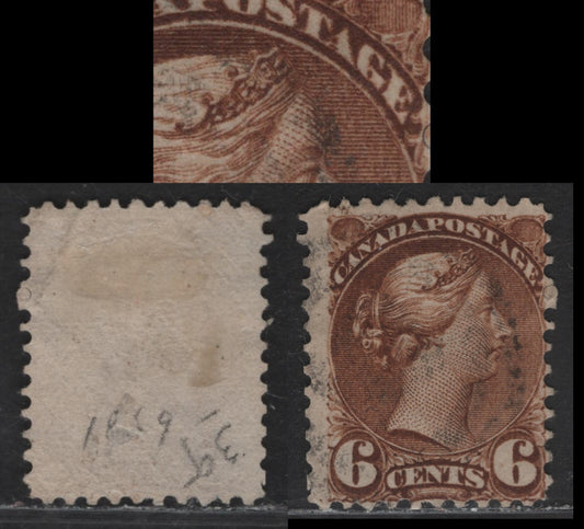 Lot 123 (C) Canada #39b 6c Brown Queen Victoria, 1870-1893 Small Queen Issue, A Very Good Used Single, Paper MM-D, Perf 11.75x12, Minor Re-Entry Showing Slight Doubling of 'Ostag' Of Postage.