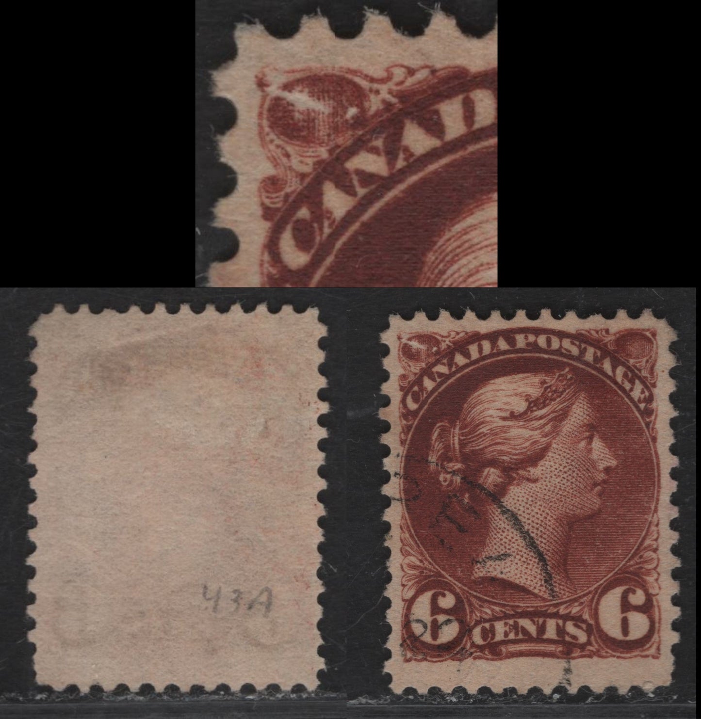 Lot 129 (C) Canada #43var 6c Deep Red Brown Queen Victoria, 1888-1897 Small Queen Issue, A Very Fine Used Single, Mid 2nd Ottawa Printing, Paper 2O-M, Perf 12, Damaged UL Ornament