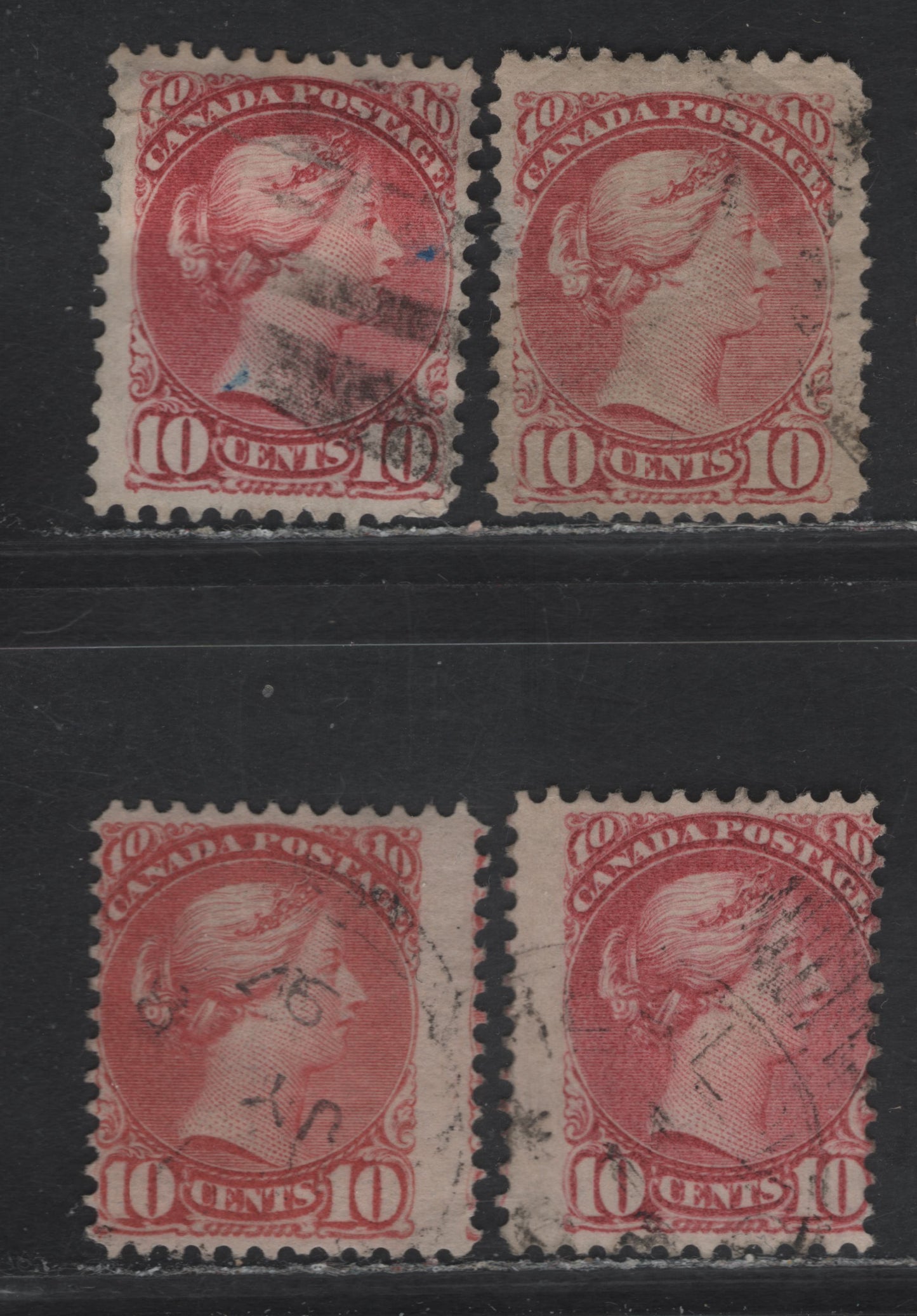 Lot 152 (C) Canada #45, 45a 10c Pale Salmon, Deep Rose & Rose Queen Victoria, 1888-1897 Small Queen Issue, 4 Very Good Used Singles, 2nd Ottawa Printings, Various Papers, Perfs 12 & 12x12.1.