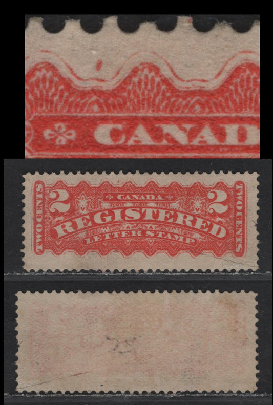 Lot 157 (C) Canada #F1a 2c Vermillion Registered, 1875-1896 Registration Issue, A Fair Unused Single, 2nd Ottawa Printing, Paper LM-F, Perf 12, Showing Burr In The Margin Above C of (C) Canada, Possibly Regummed Or Redistributed OG.