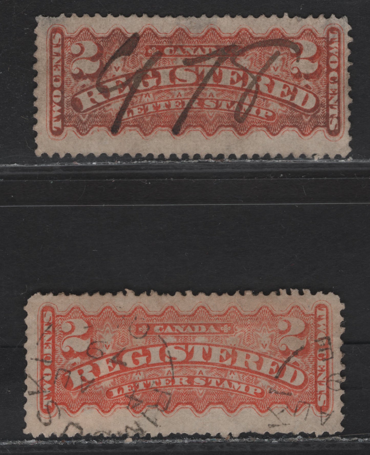 Lot 159 (C) Canada #F1d 2c Pale Bright Orange & Dull Orange Registered, 1875-1896 Registration Issue, 2 Good/Very Good Used Singles, Mid Montreal Printings, Paper MM-R, Perf 12x11.75.