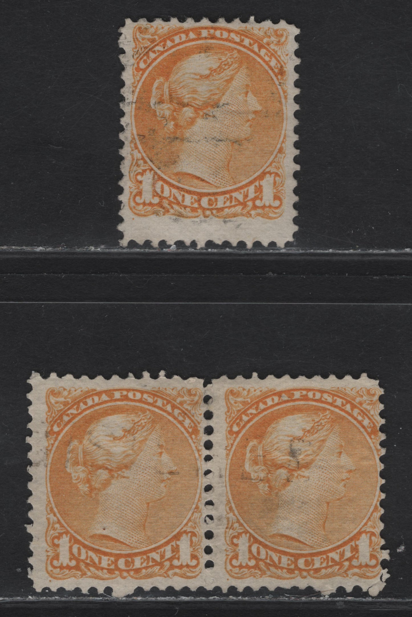 Lot 16 (C) Canada #35vii 1c Yellow Queen Victoria, 1870-1893 Small Queen Issue, 2 Fine Used Single & Pair, Mid Montreal Printing, Paper MM-V Perf 11.75x12.1 (The Pair) & Paper MM-U Perf 11.75x11.9