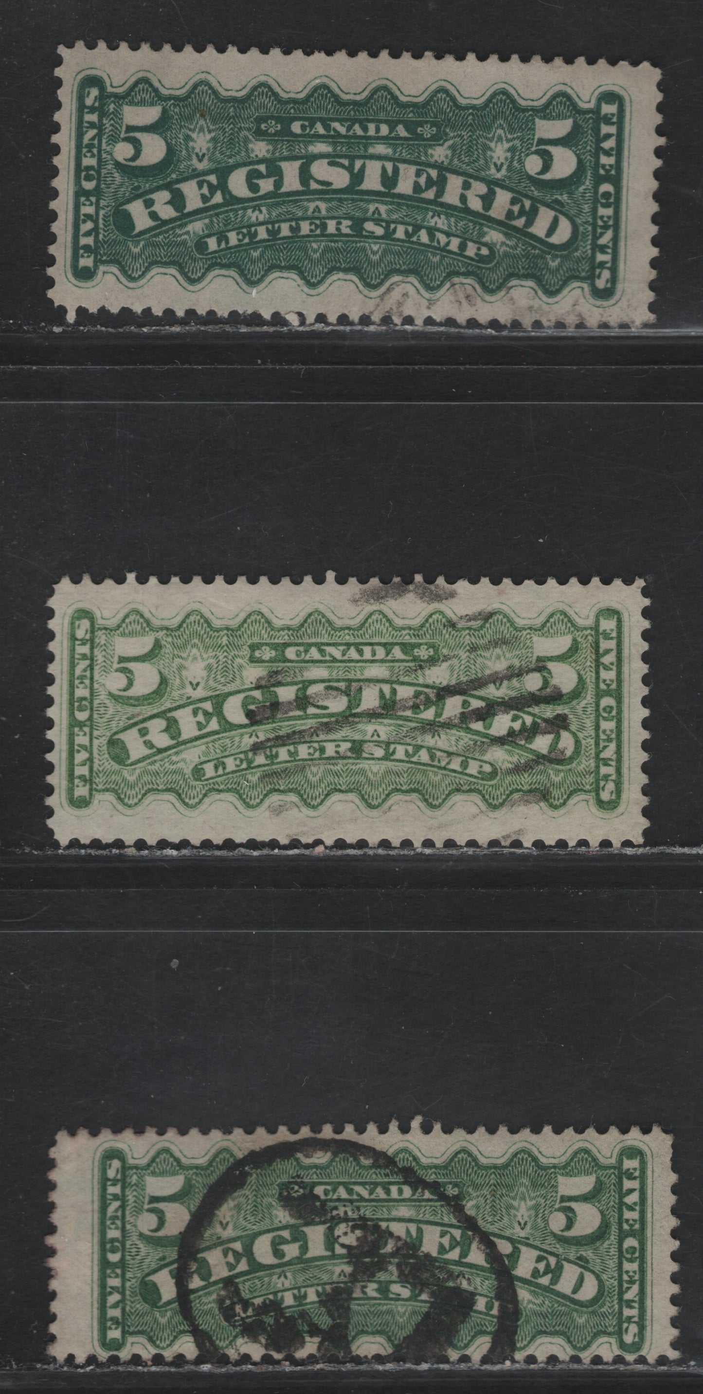 Lot 162 (C) Canada #F2, F2b, F2i 5c Dark Green, Yellow Green & Green Registered, 1875-1896 Registration Issue, 3 Very Good/Fine Used Singles, Late Montreal, Montreal Gazette & 2nd Ottawa Printings, Papers LM-O (Perf 12), MG-D (12.75) & 2O-U (12)