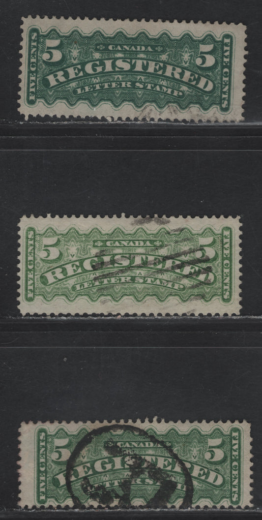 Lot 162 (C) Canada #F2, F2b, F2i 5c Dark Green, Yellow Green & Green Registered, 1875-1896 Registration Issue, 3 Very Good/Fine Used Singles, Late Montreal, Montreal Gazette & 2nd Ottawa Printings, Papers LM-O (Perf 12), MG-D (12.75) & 2O-U (12)