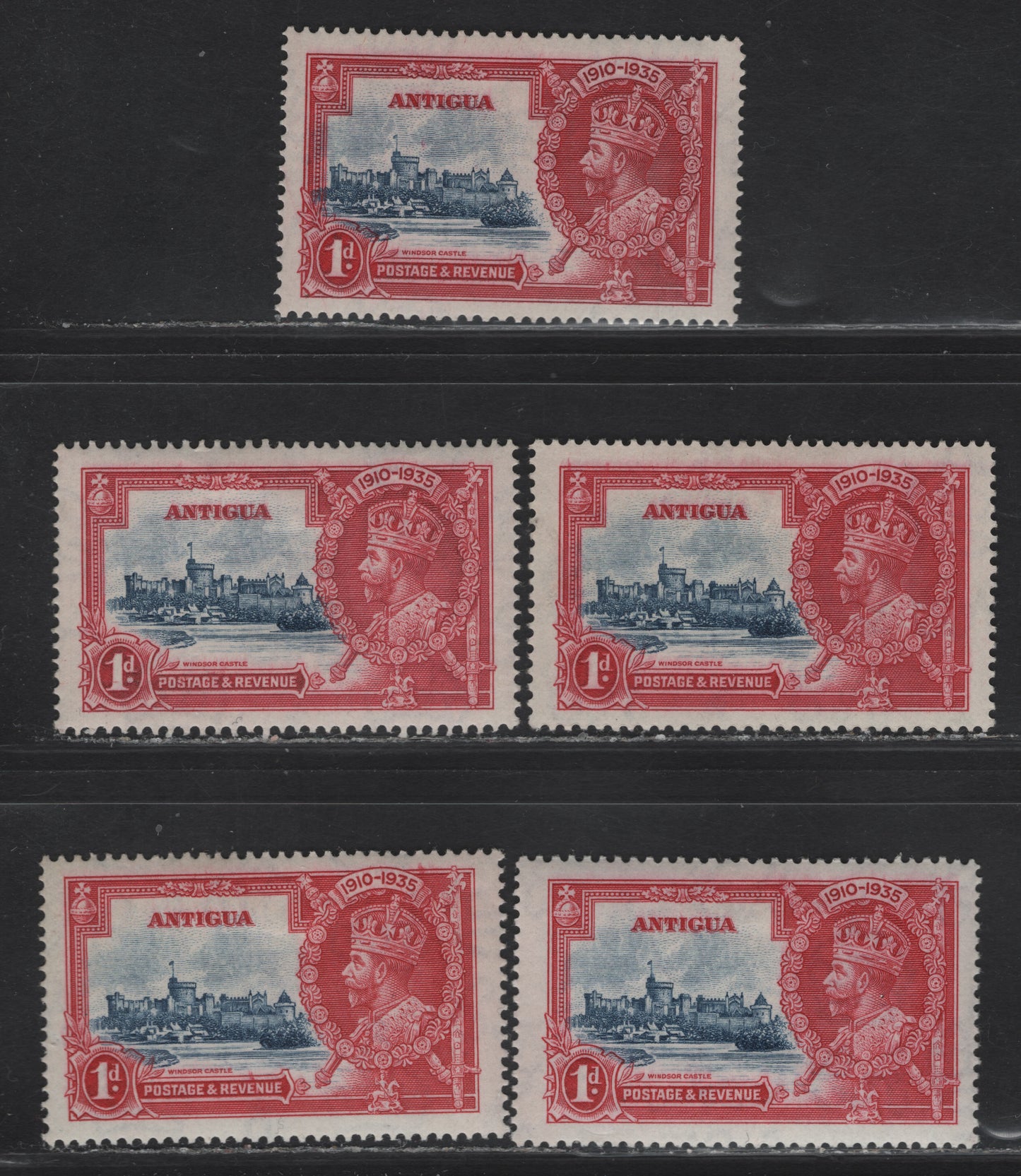 Lot 167 (C) Antigua SG#91 1d Deep Blue & Carmine Windsor Castle, 1935 Silver Jubilee Issue, 5 VFOG Singles, Different Printings, Each Showing A Different Frame/Vignette Shade Combination