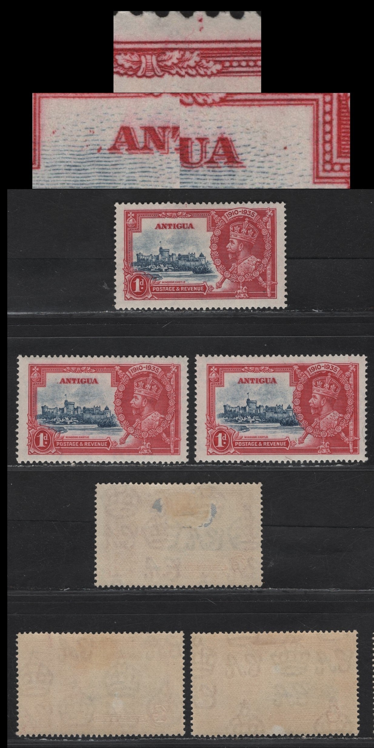 Lot 170 Antigua SG#91 1d Carmine & Deep Grayish Blue Windsor Castle, 1935 Silver Jubilee Issue, 3 VFOG Singles, Showing A Number Of Red Dot Flaws Involving The Frame Plate