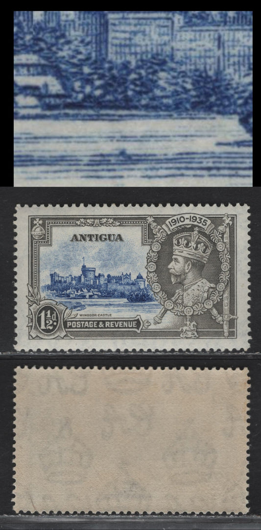 Lot 174 Antigua SG#92var 1.5d Deep Gray & Ultramarine Windsor Castle, 1935 Silver Jubilee Issue, A VFOG Single Showing Constant Buoy Flaw In Water, ,