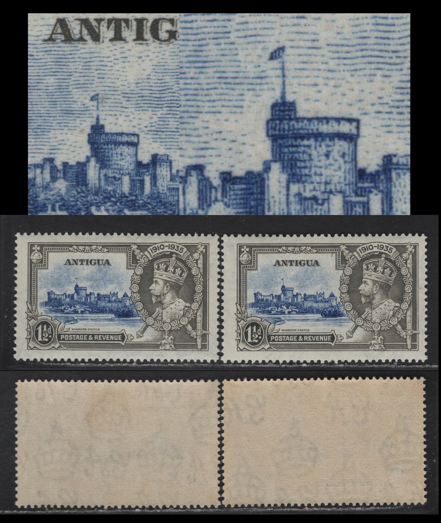 Lot 175 Antigua SG#92var 1.5d Deep Gray & Ultramarine Windsor Castle, 1935 Silver Jubilee Issue, 2 VFOG Singles, Showing Broken Flagstaff & Flagstaff Broken Where it Meets The Flag