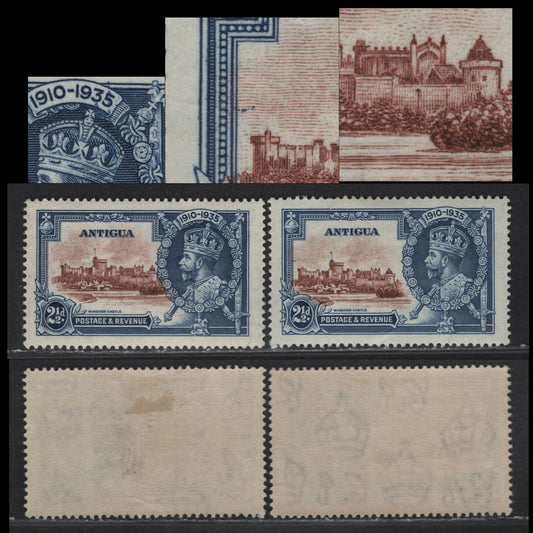 Lot 176 Antigua SG#93var 2.5d Dull Blue & Red Brown Windsor Castle, 1935 Silver Jubilee Issue, 2 VFOG Singles, Showing 2 Unlisted Varieties Involving The Frame Plate