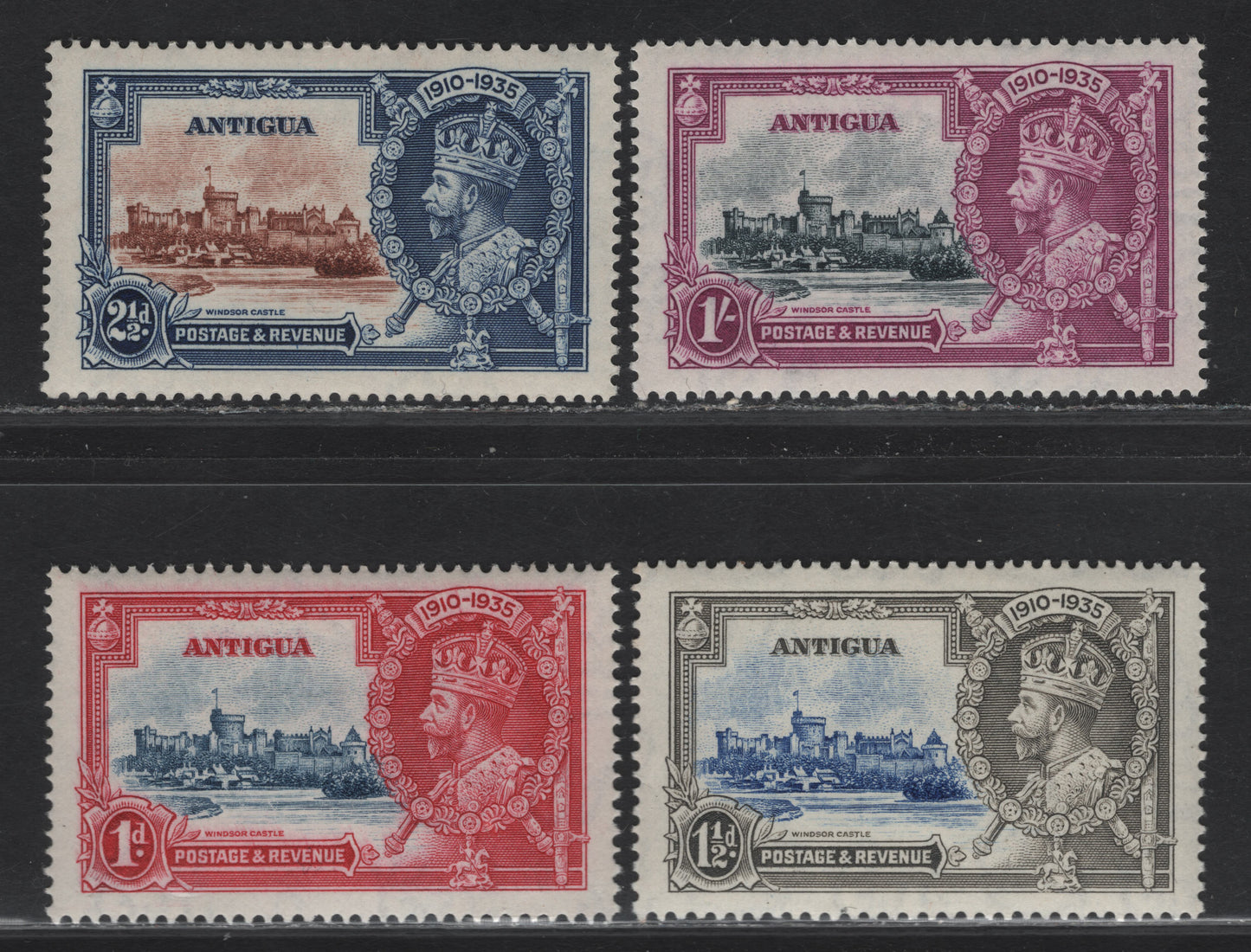 Lot 178 Antigua SG#91-94 1d - 1/- Deep Blue & Carmine - Slate & Purple Windsor Castle, 1935 Silver Jubilee Issue, 4 VFNH Singles, Fresh Never Hinged Set
