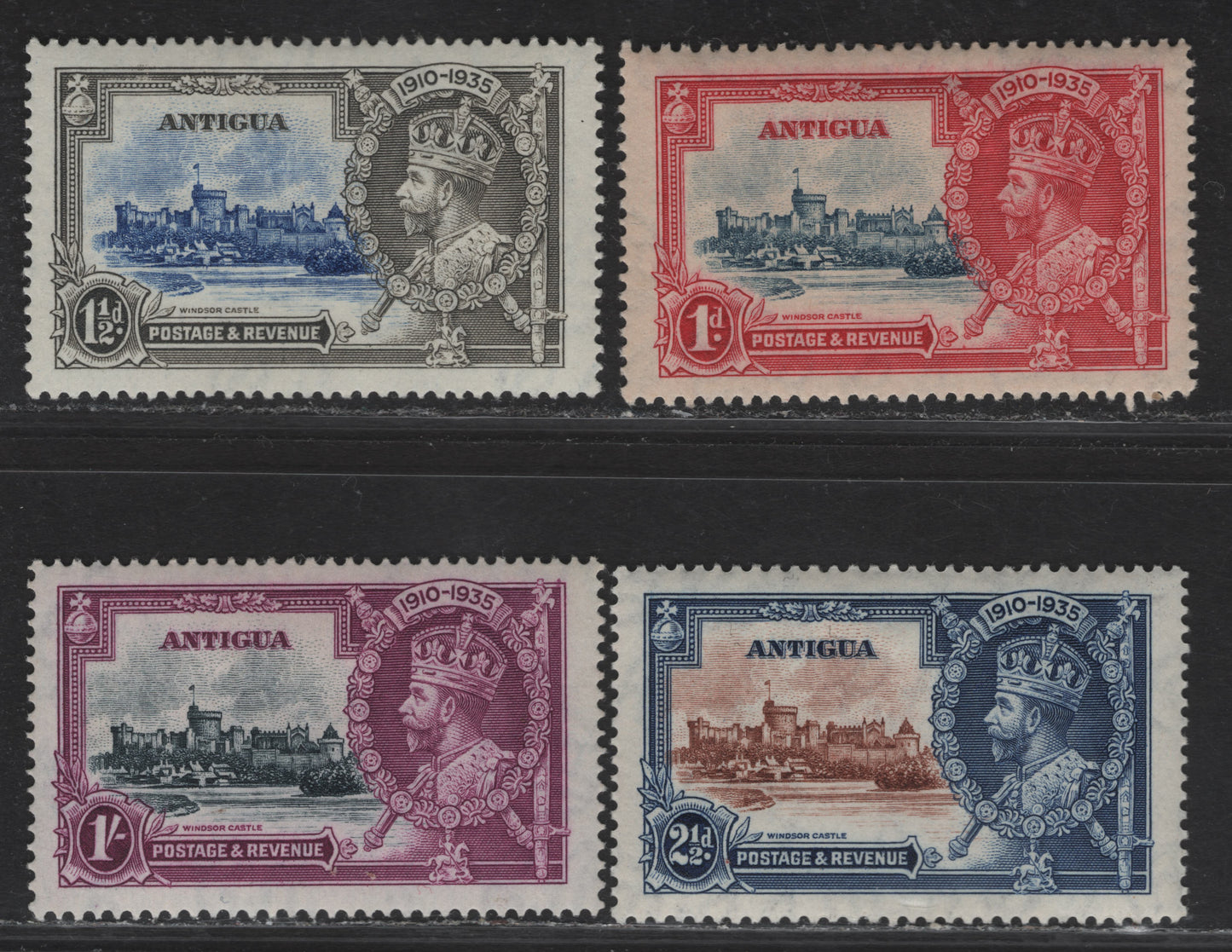 Lot 184 (C) Antigua SG#91-94 1d - 1/- Indigo & Carmine - Slate & Purple Windsor Castle, 1935 Silver Jubilee Issue, 4 VFOG Singles, Basic Hinged Set