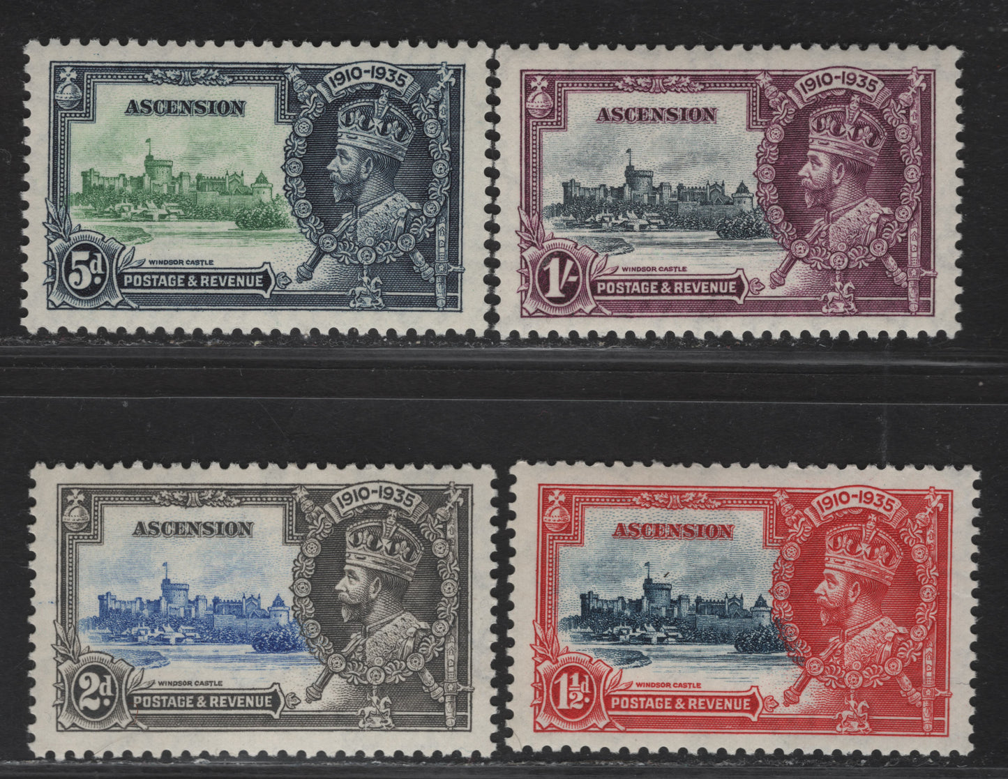 Lot 185 (C) Ascension SG#31-34 1.5d Deep Blue & Scarlet - Slate & Purple Windsor Castle, 1935 Silver Jubilee Issue, 4 VFNH Singles, Well Centered NH Set