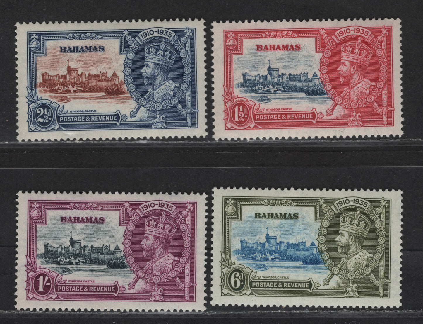 Lot 192 (C) Bahamas SG#141-144 1.5d - 1/- Deep Blue & Carmine - Slate & Purple Windsor Castle, 1935 Silver Jubilee Issue, 4 VFOG Singles, Well Centered Hinged Set
