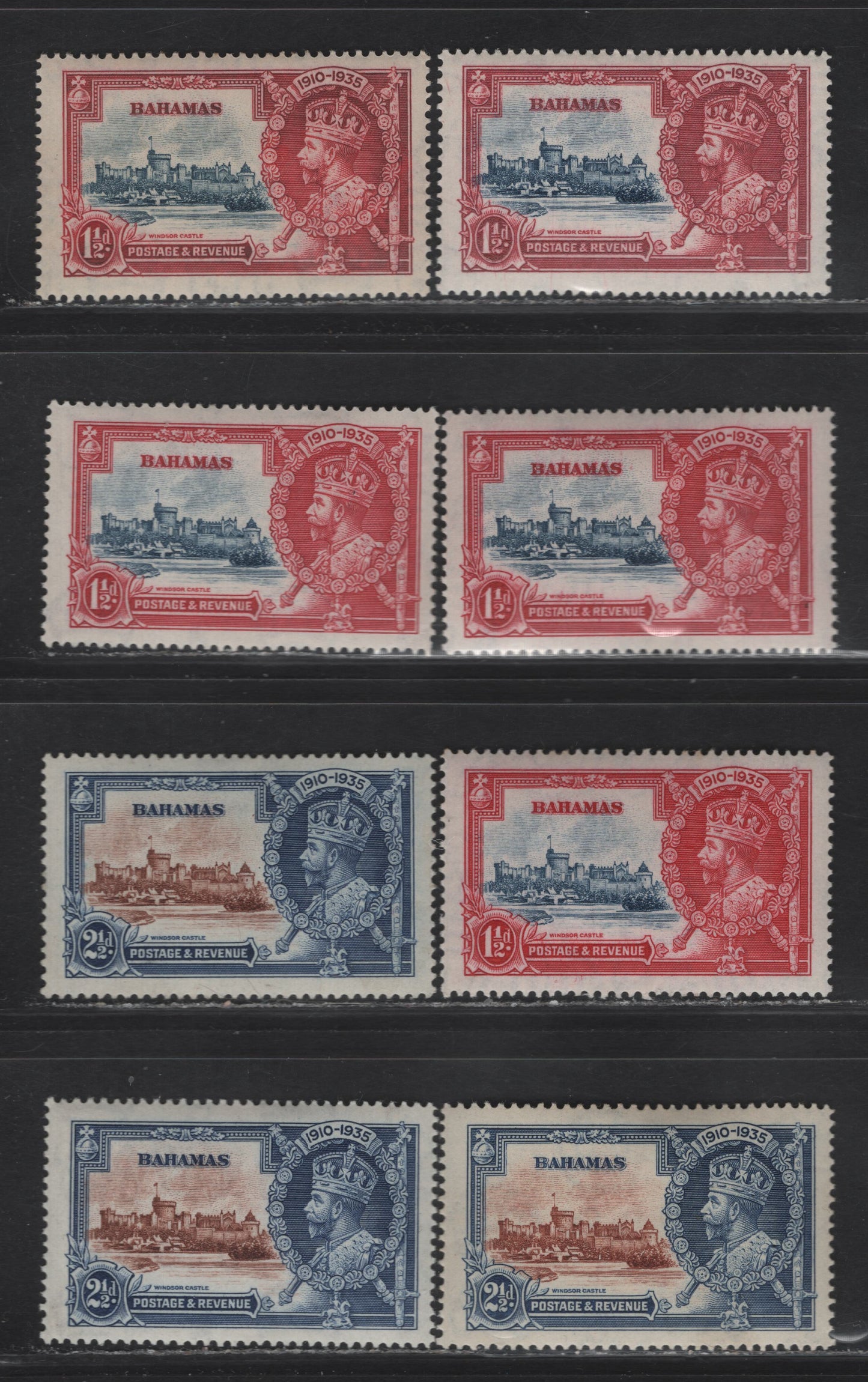 Lot 193 Bahamas SG#141-142 1.5d - 2.5d Deep Blue & Carmine - Brown & Deep Blue Windsor Castle, 1935 Silver Jubilee Issue, 8 VFOG Singles, Shade Grouping of Different Vignette & Frame Plate Shades