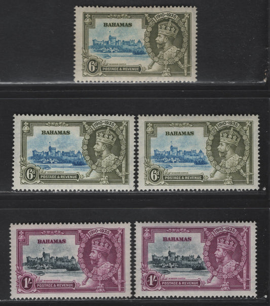 Lot 194 Bahamas SG#143-144 6d - 1/- Light Blue & Olive - Slate & Purple Windsor Castle, 1935 Silver Jubilee Issue, 5 VFOG Singles, Showing Different Frame/Vignette Shades