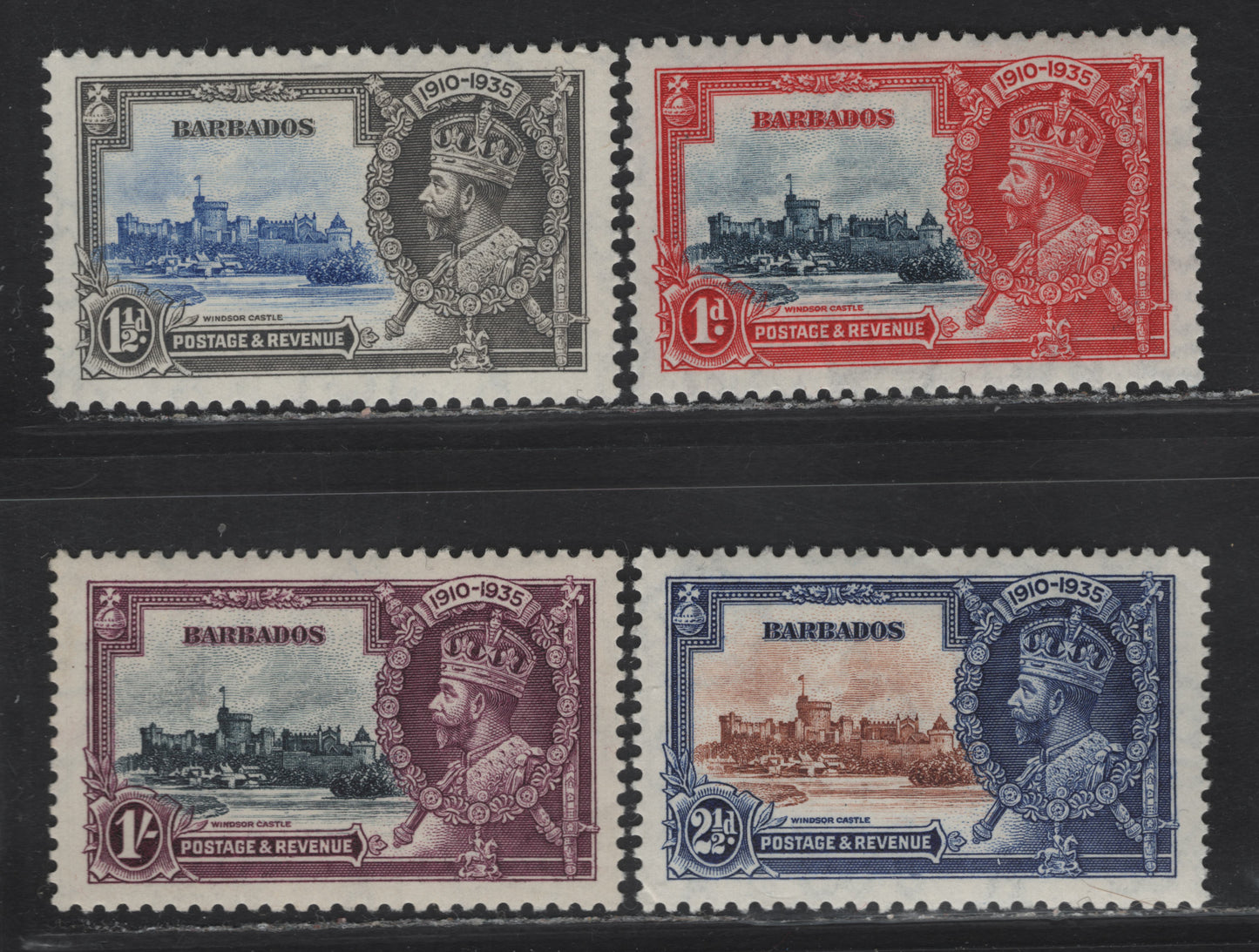 Lot 203 Barbados SG#241-244 1d - 1/- Deep Blue & Scarlet - Slate & Purple Windsor Castle, 1935 Silver Jubilee Issue, 4 VFOG Singles, Well Centered Hinged Set