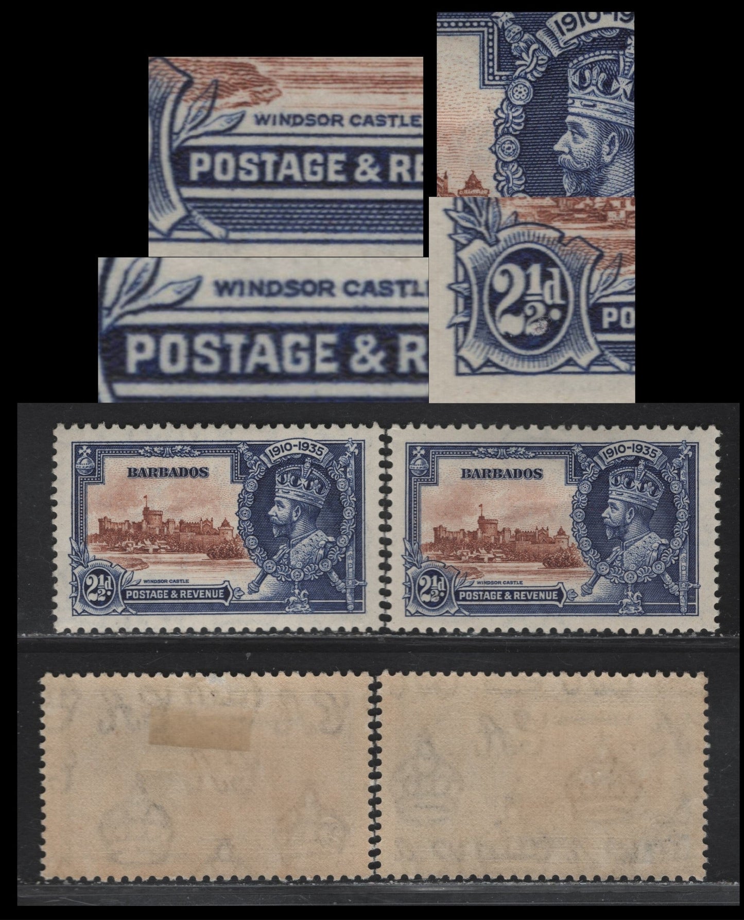 Lot 210 Barbados SG#243var 2.5d Brown & Deep Blue Windsor Castle, 1935 Silver Jubilee Issue, 2 VFOG Singles, Showing Re-Entry Involving Doubling W of Windsor, Two Slightly Different Doubling
