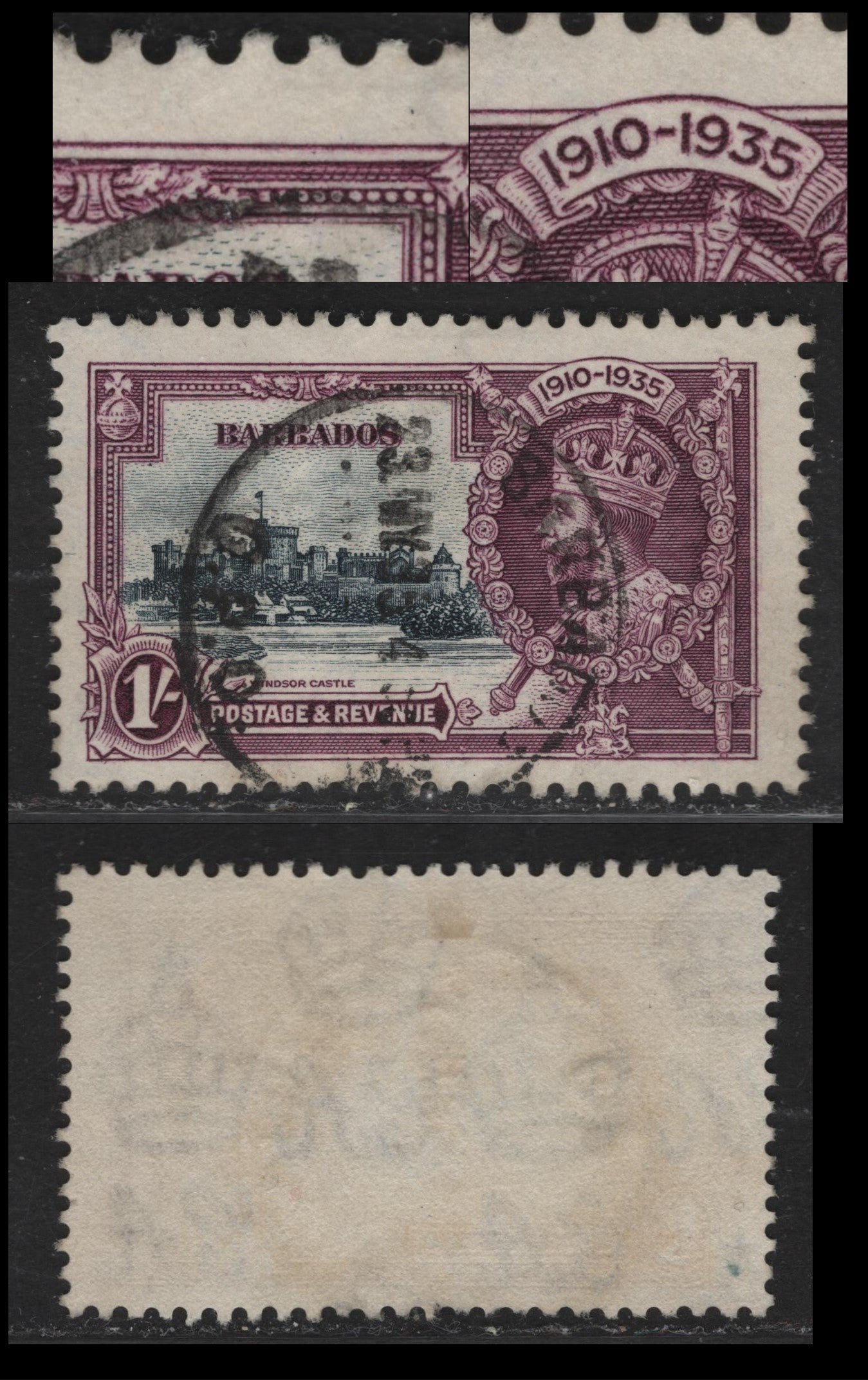 Lot 219 Barbados SG#244var 1/- Slate & Dull Purple Windsor Castle, 1935 Silver Jubilee Issue, A Fine Used Single, Re-Entry In 1910-1935 & Shading In Upper Panel, Normal Vignette, Dot IN Slag Below Orb.