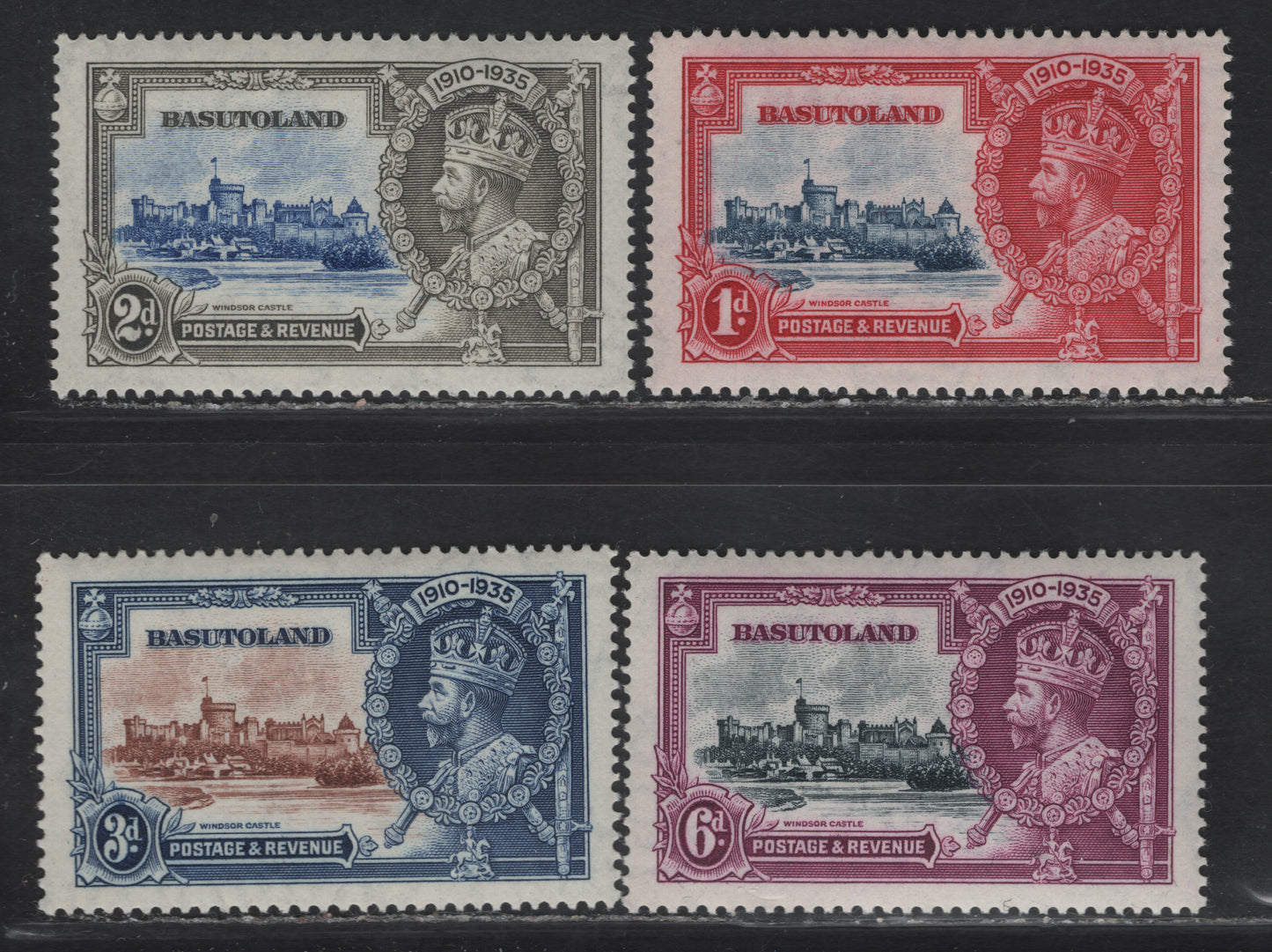 Lot 220 Basutoland SG#11-14 1d - 6d Deep Blue & Carmine - Slate & Purple Windsor Castle, 1935 Silver Jubilee Issue, 4 VFNH Singles, Well Centerend NH Mint Set, Very Slight Gum Glazing On 1d & 6d
