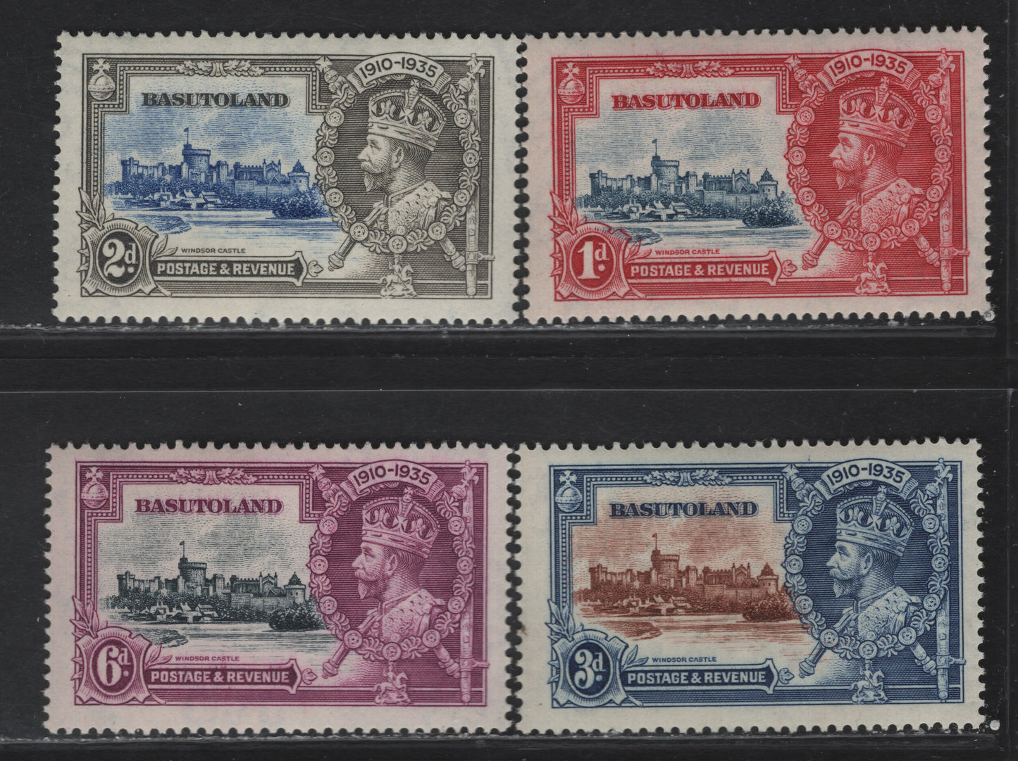 Lot 221 (C) Basutoland SG#11-14 1d - 6d Deep Blue & Carmine - Slate & Purple Windsor Castle, 1935 Silver Jubilee Issue, 4 F/VFNH Singles,   .