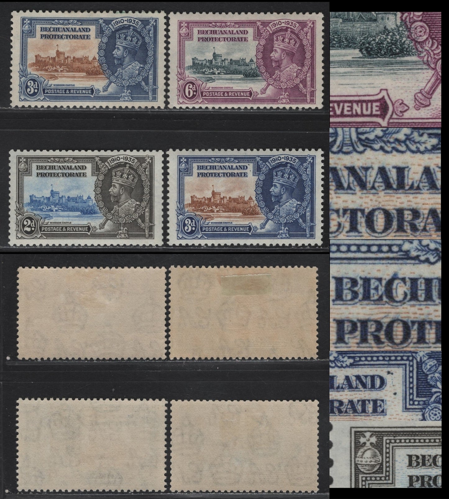 Lot 229 Bechuanaland Protectorate SG#112-114var 2d - 6d Ultramarine & Gray - Pale Slate & Purple Windsor Castle, 1935 Silver Jubilee Issue, 4 F/VFOG Singles, Frame Plate Flaws