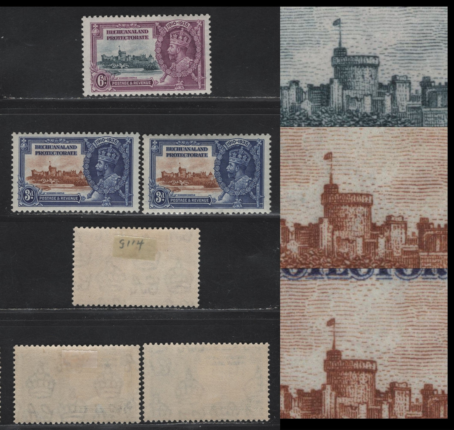 Lot 230 Bechuanaland Protectorate SG#113-114var 3d - 6d Yellow Brown & Deep Blue - Slate & Purple Windsor Castle, 1935 Silver Jubilee Issue, 3 VFOG Singles, Weak & Broken Flagstaff Variety