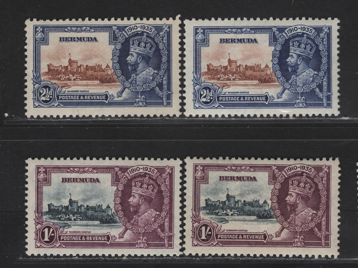Lot 237 Bermuda SG#96-97 2.5d - 1/- Yellow Brown & Deep Blue/Deep Bright Blue, Slate & Plum and Deep Slate & Plum Windsor Castle, 1935 Silver Jubilee Issue, 4 VFNH Singles, Two Different Shades Of Each Value