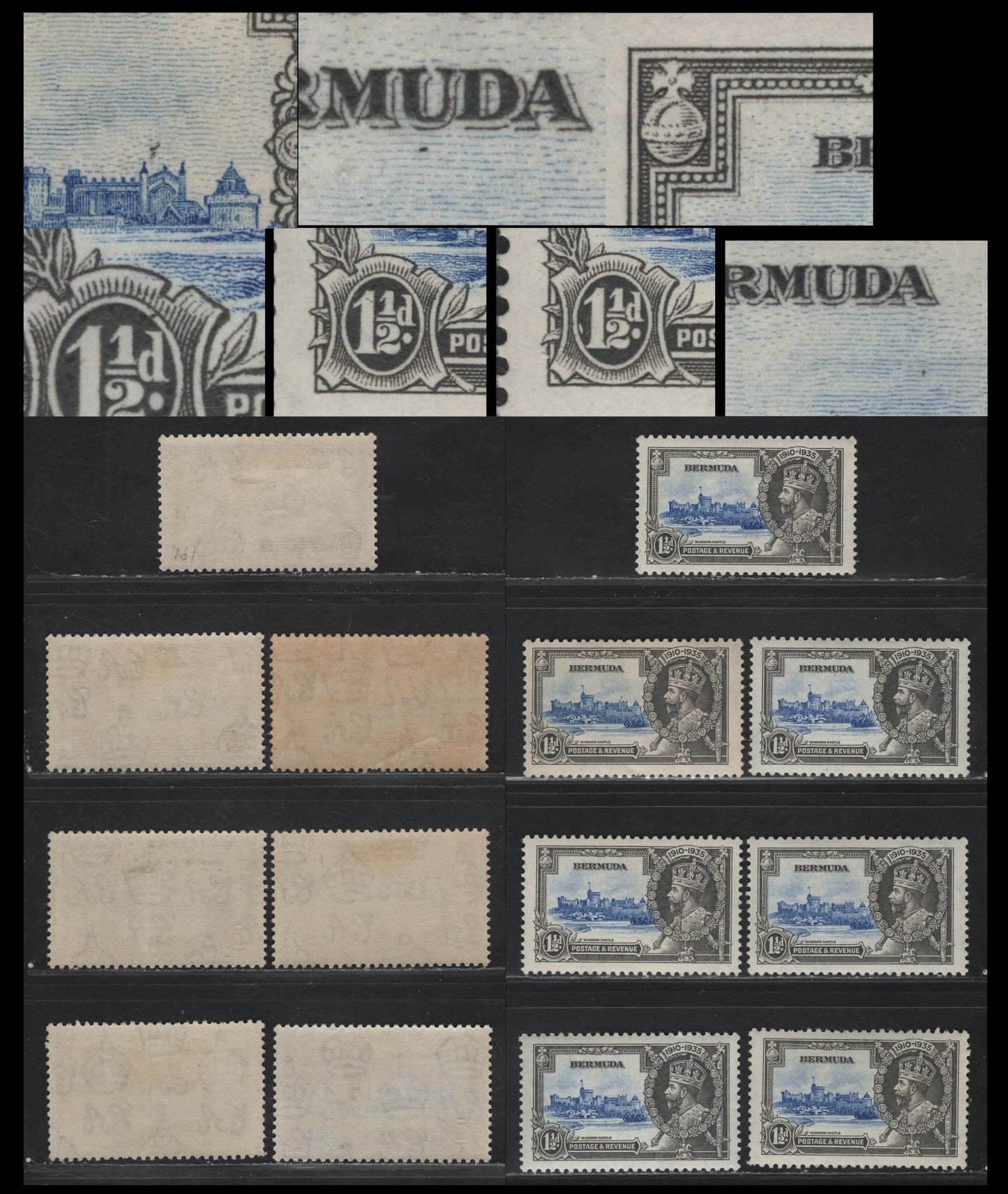 Lot 248 Bermuda SG#95 1.5d Ultramarine & Gray Windsor Castle, 1935 Silver Jubilee Issue, 7 F/VFOG Singles, Non Constant Plate Flaws Involving The Frame Plate