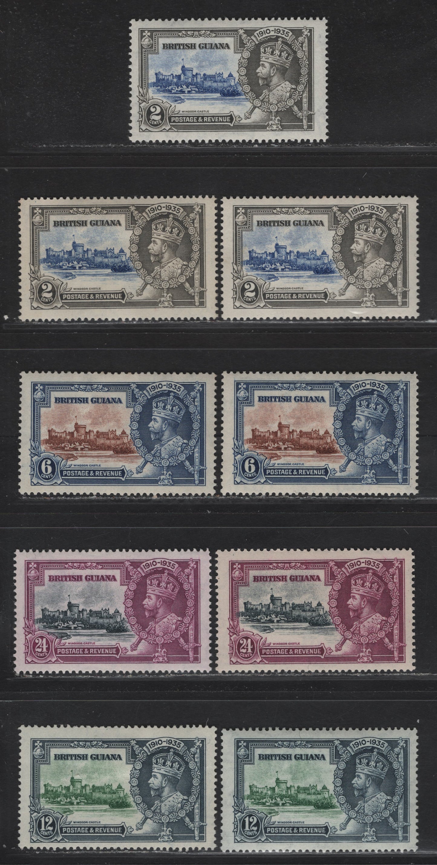 Lot 253 British Guiana SG#301-304 2c - 24c Ultramarine & Gray - Slate & Bright Purple Windsor Castle, 1935 Silver Jubilee Issue, 9 VFOG Singles, Vignette & Frame Shade Lot