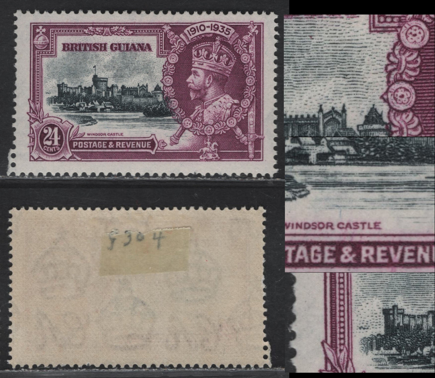 Lot 255 British Guiana SG#304i 24c Slate & Purple Windsor Castle, 1935 Silver Jubilee Issue, A VFOG Single, Dash By Turret & Diagonal Scratch To LR of 1935
