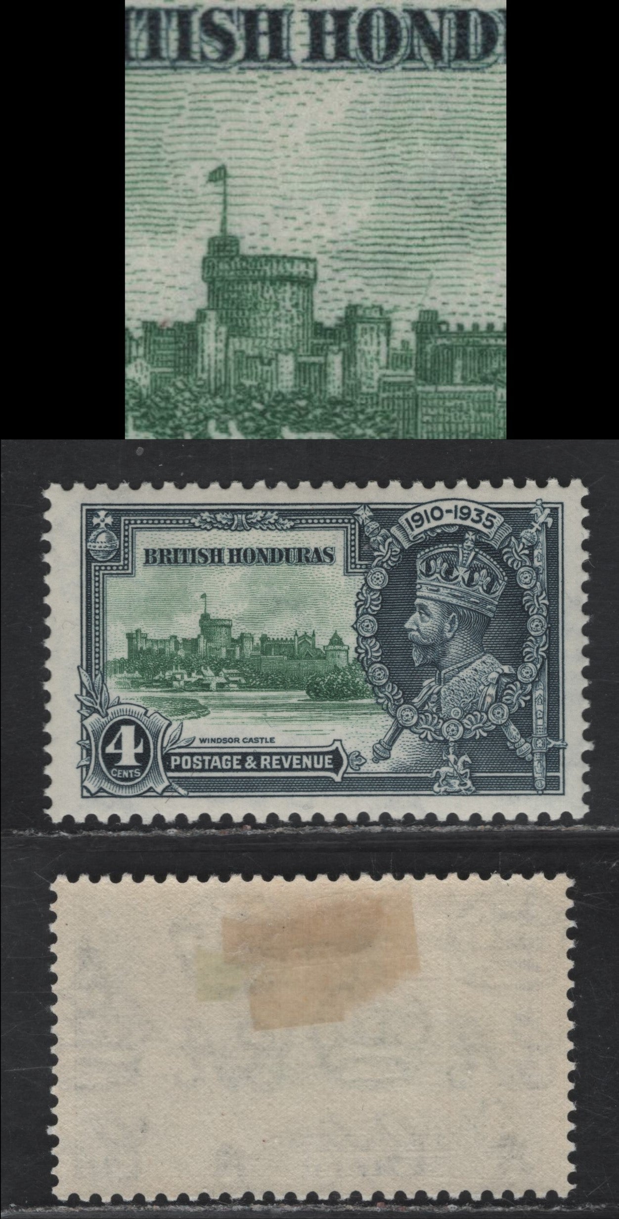 Lot 267 British Honduras SG#144var 4c Green & Indigo Windsor Castle, 1935 Silver Jubilee Issue, A VFOG Single, Curved Line From King Edward III Tower To Winchester Tower, Possibly Constant