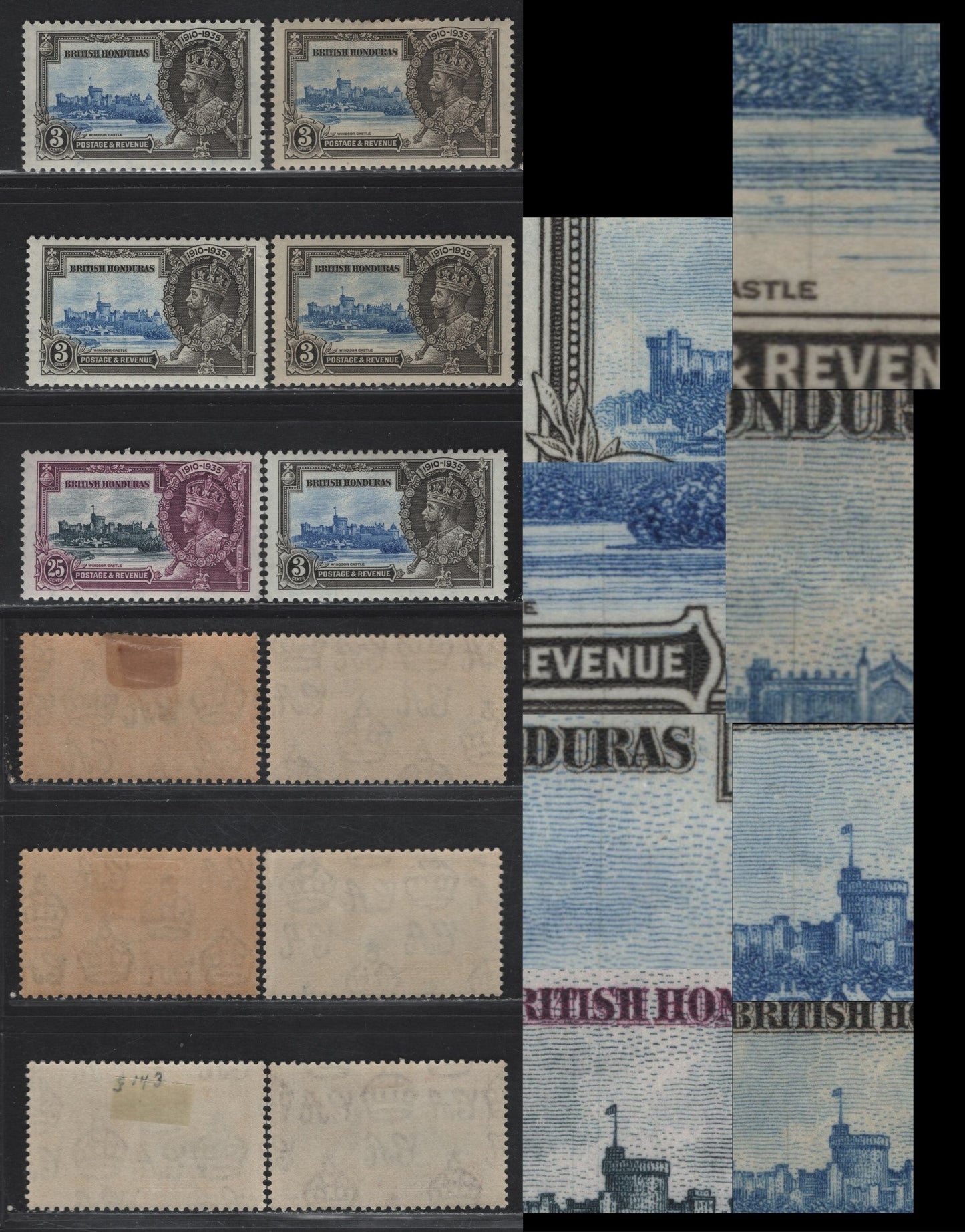 Lot 268 British Honduras SG#143var, 146var 3c - 25c Ultramarine & Gray Black - Slate & Purple Windsor Castle, 1935 Silver Jubilee Issue, 6 VFOG Singles, Showing Vertical Harilines From Frame Plate Cracks