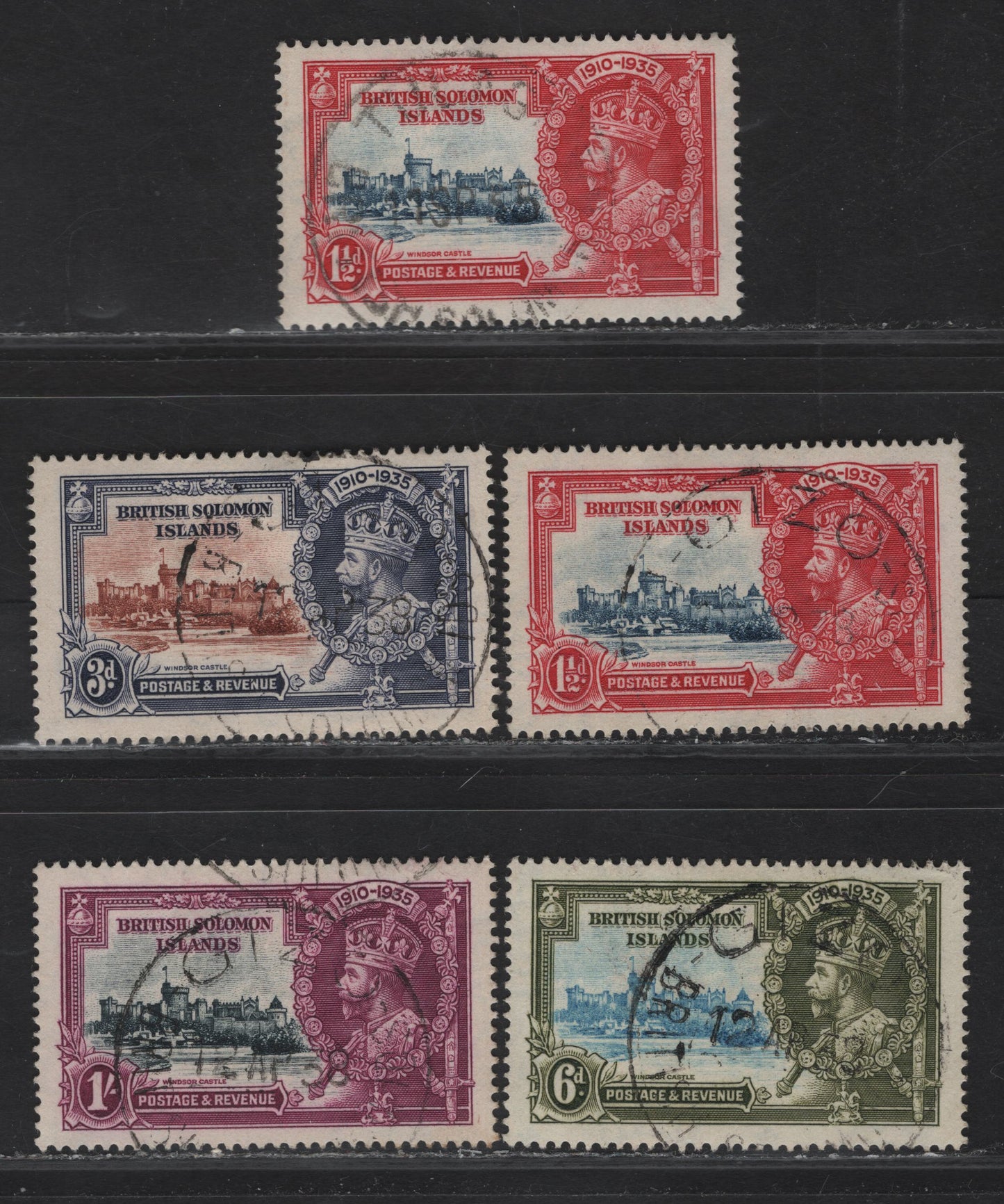 Lot 271 (C) British Solomon Islands SG#53-56 1.5d - 1/- Deep Gray Blue & Carmine - Slate & Bright Reddish Purple Windsor Castle, 1935 Silver Jubilee Issue, 5 Very Fine Used Singles, Used Set, 2 Shades Of The 1.5d