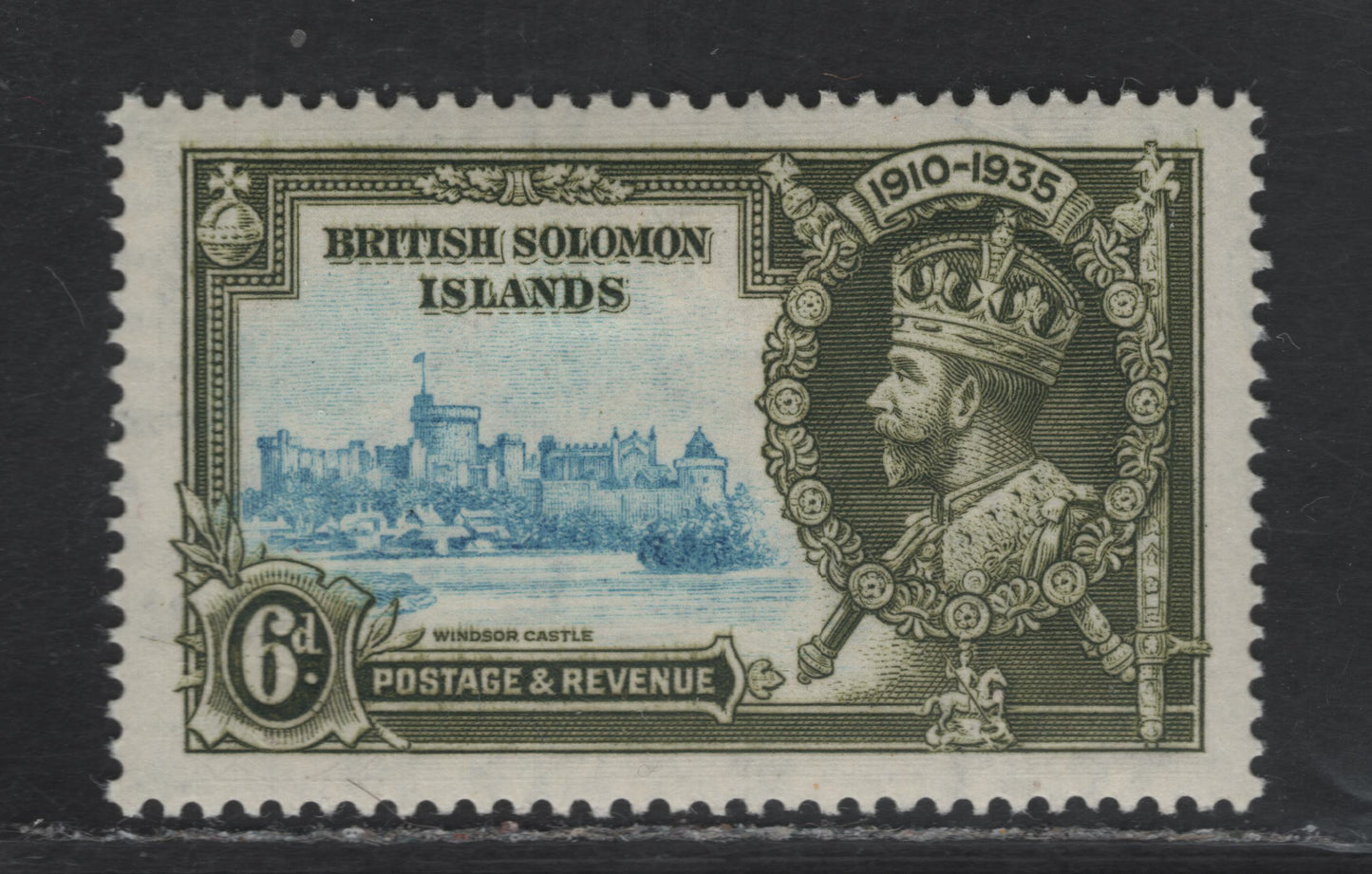 Lot 272 British Solomon Islands SG#55b 6d Light Blue & Olive Green Windsor Castle, 1935 Silver Jubilee Issue, A VFOG Single, Frame Printed Triple, Twice Albino
