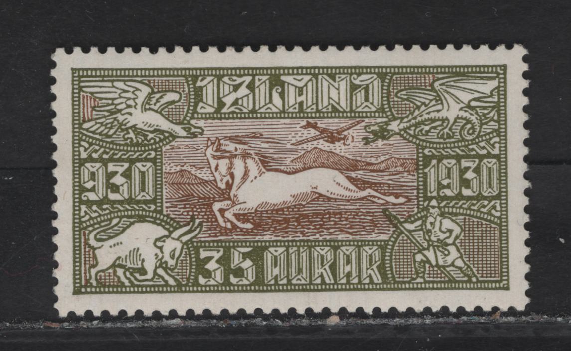 Lot 290 Iceland SC#C6 35a Olive Green & Brown Iceland Pony, 1930 Parliament Millenary Airmail Issue, A VFOG Single
