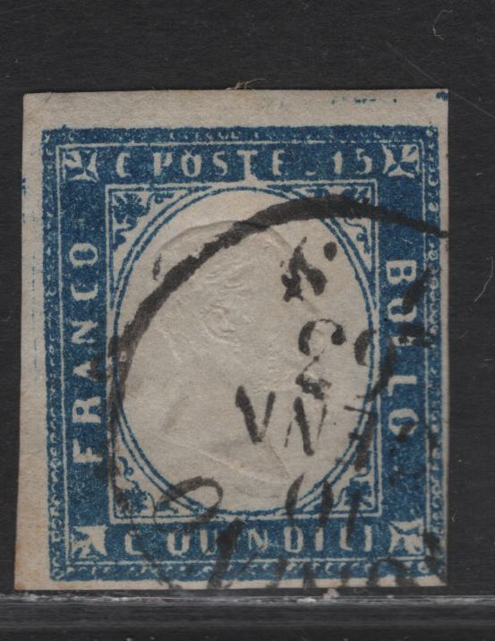 Lot 296 Italy SC#22 15c Blue Victor Emmanuel II, 1863 Imperf Embossed Victor Emmanuel II Issue, A Fine Used Single, January 1863 Torino CDS